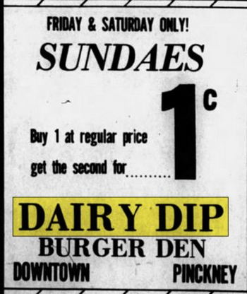 Dairy Dip Drive-In (Dairy Dip Burger Den) - Aug 1972 Ad 1 Cent Sundaes (newer photo)